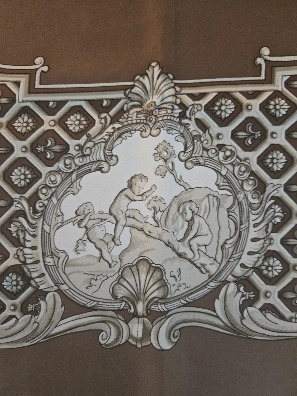 Hermès Paris Louis XV Carré 90 Silk Scarf Brown Ivory with Box
